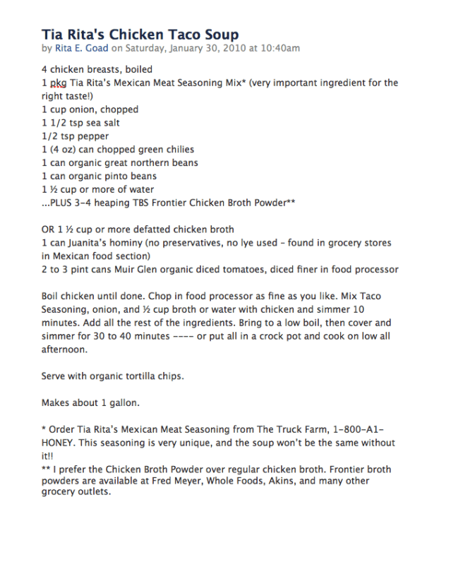 Tia Rita's Chicken Taco Soup